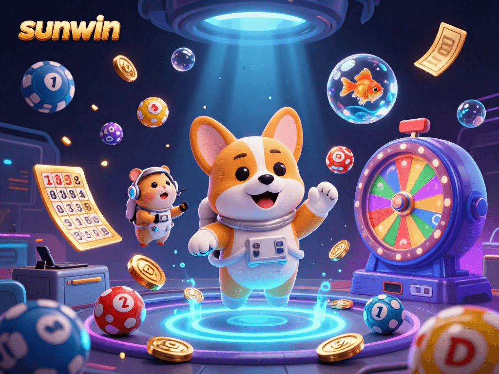 Engage in thrilling gameplay with sunwin in a vibrant casino scene featuring a floating 3D corgi.