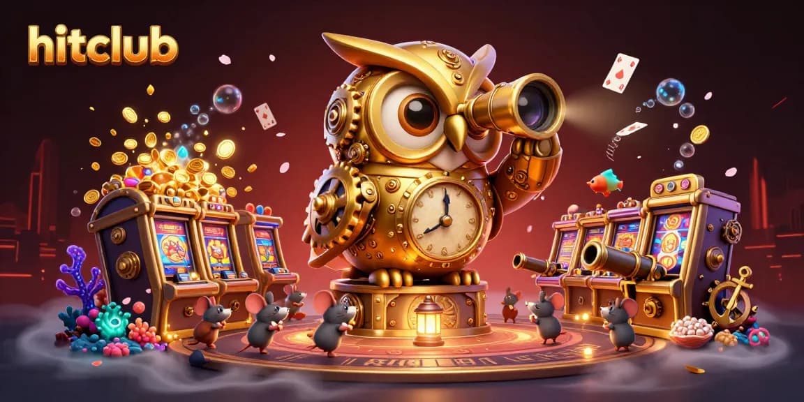 Engage with hitclub's vibrant casino scene featuring a golden owl and racing patrons.