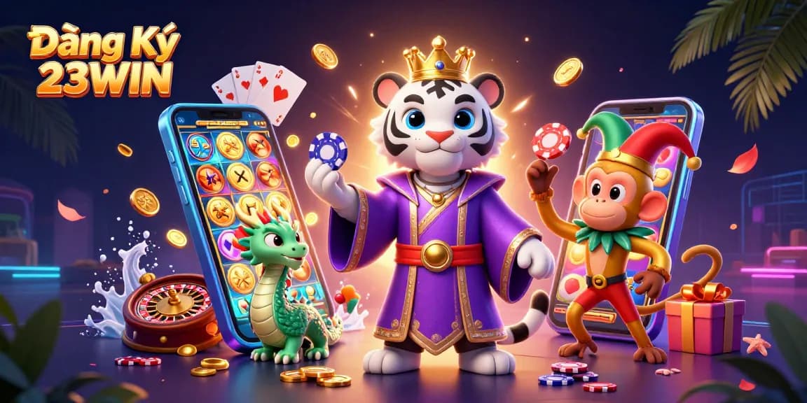 Experience Đăng Ký 23WIN with vibrant characters and dynamic gaming elements in an engaging illustration.