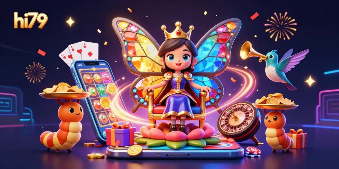 Experience the vibrant world of hi79 with a colorful 3D illustration showcasing casino elements and joyful characters.