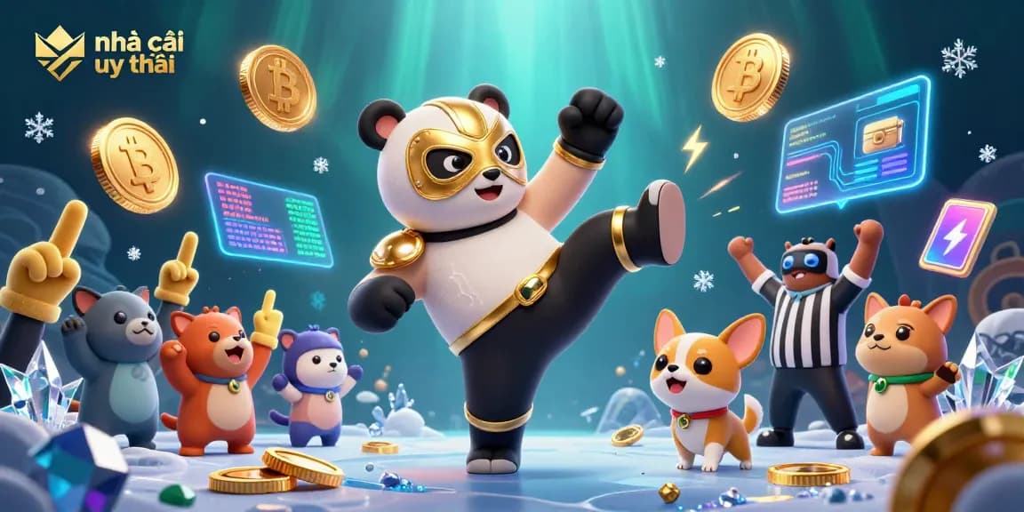 Engage with nhà cái uy tín by viewing a lively casino scene with a flying panda and cheering crowd.