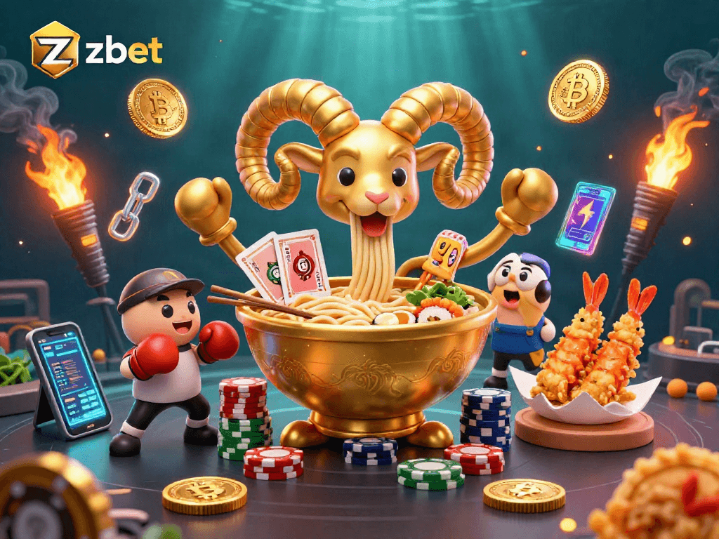 Experience zbet's exciting casino atmosphere with a dynamic 3D gambling illustration featuring colorful characters and crypto elements.