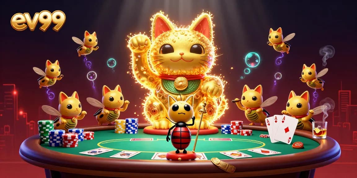 Experience the interactive energy of ev99 as golden fireflies embody a lucky cat amid vibrant casino symbols and poker elements.