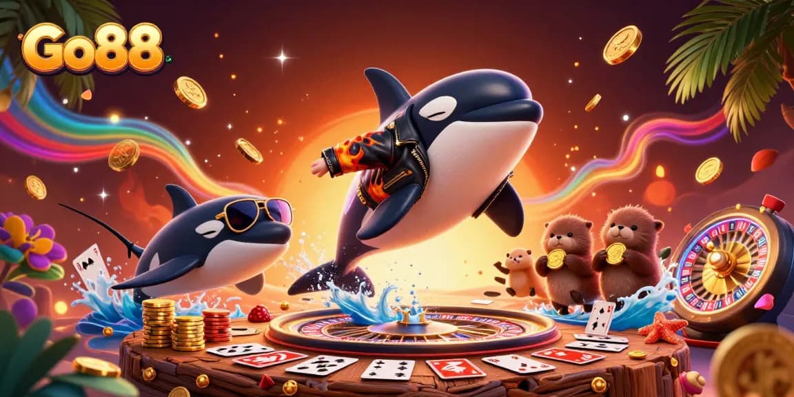 Engage in thrilling gameplay at Go88 with vibrant 3D elements showcasing an orca, stingray, and otters amidst dynamic casino action.