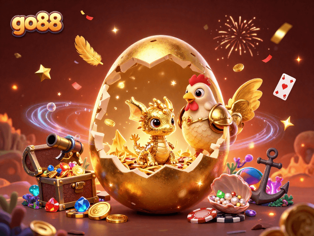 Experience the excitement of go88 with a golden dragon amidst poker chips and casino elements.