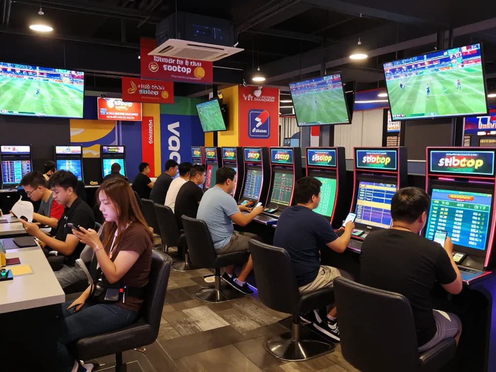 Enthusiastic bettors engaging with Thể thao sbotop in a lively sports betting lounge, capturing excitement.