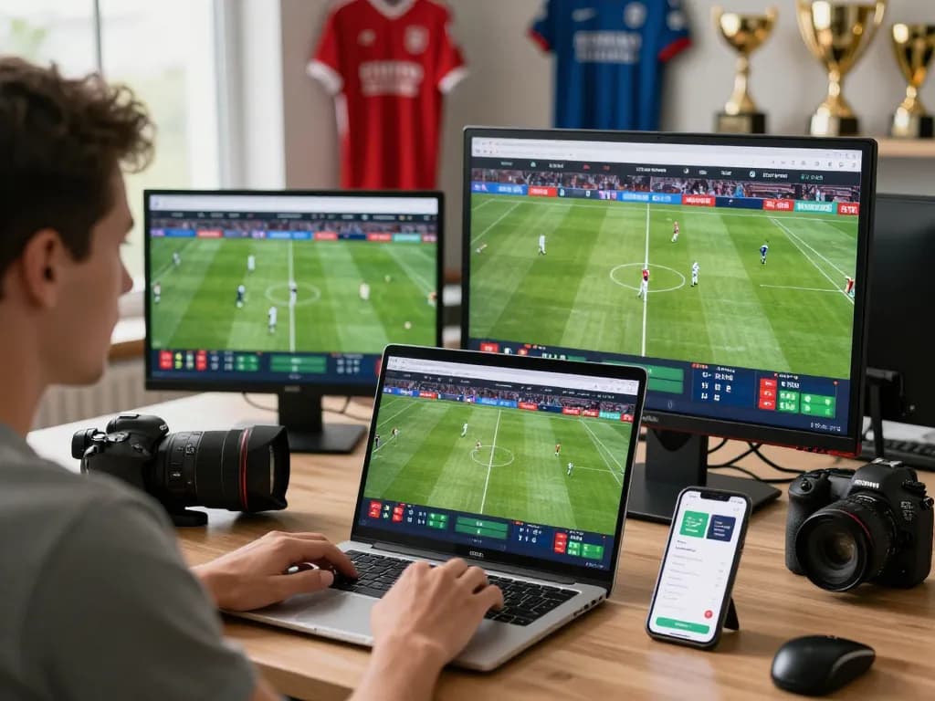 Engaged user analyzing kết quả bóng đá on a modern sports data platform with live updates and vibrant atmosphere.