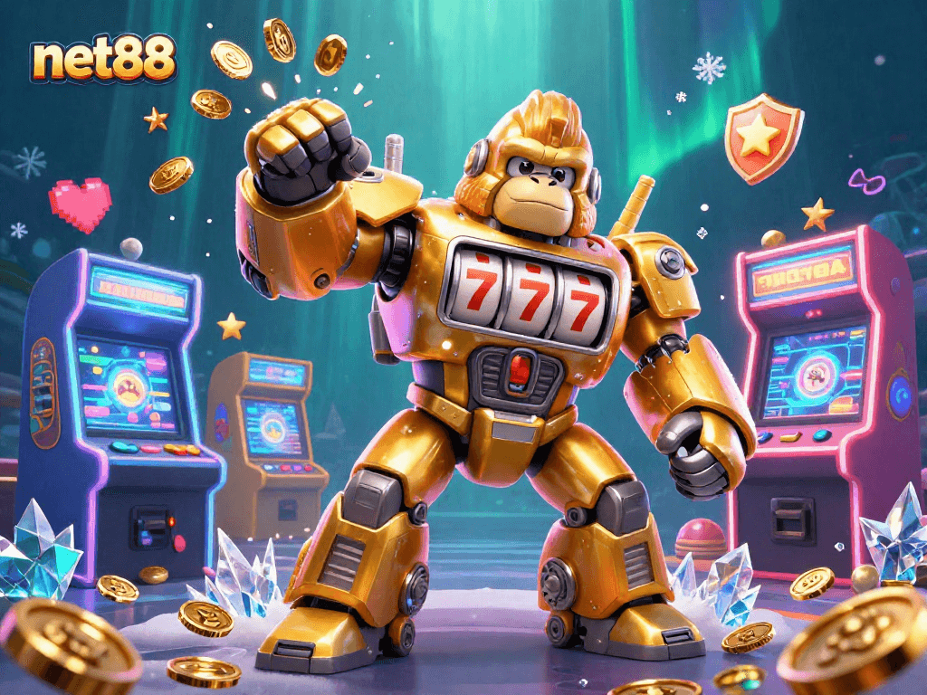 Experience thrilling wins with net88, featuring a golden gorilla mech and vibrant casino imagery.