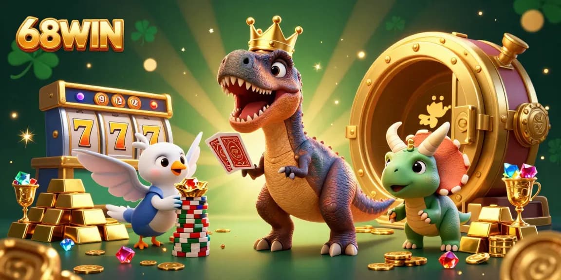 Join the adventure at 68WIN with a T-Rex shuffling cards and a triceratops stacking chips in a vibrant casino scene.
