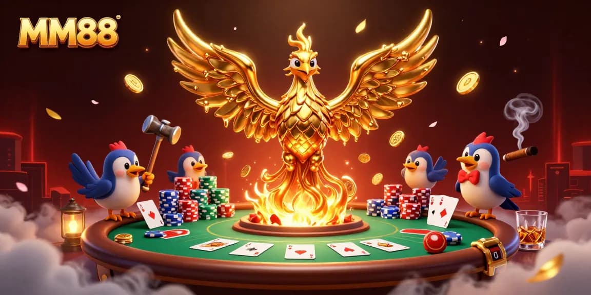 Engage in thrilling gameplay at MM88 with a vibrant scene of a molten metal phoenix amidst poker excitement.