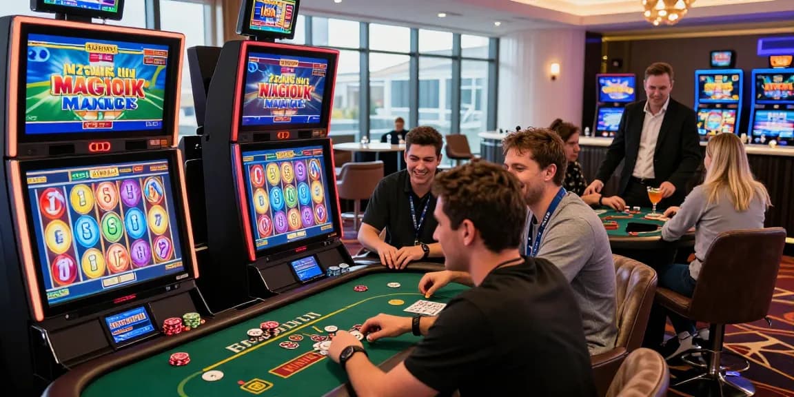 Exciting gaming atmosphere at a credit card casino featuring diverse players, https://transact.org.uk, illuminated machines, and a lively dealer.