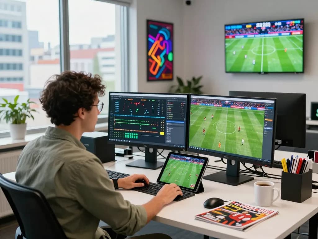 Football analyst at a modern workspace using nowgoal for live match statistics and insights.