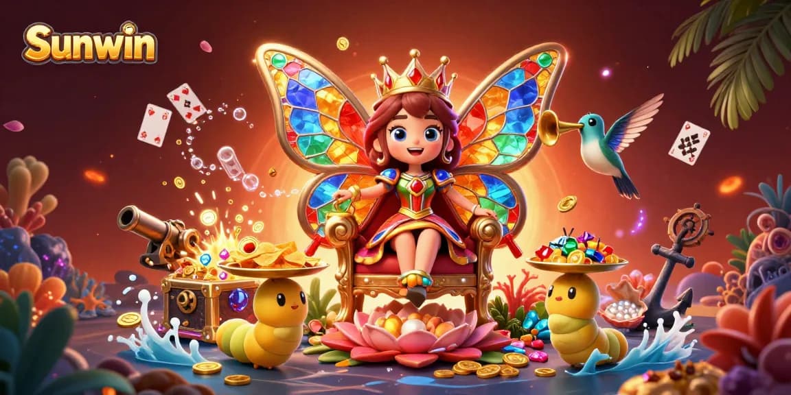 Engage in thrilling games at Sunwin with vibrant 3D visuals of a butterfly queen amidst treasures and playful elements.
