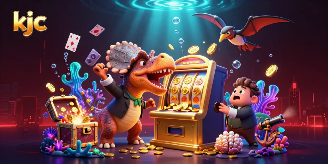 KJC characters winning casino jackpots while celebrating in an animated 3D underwater scene filled with treasures.