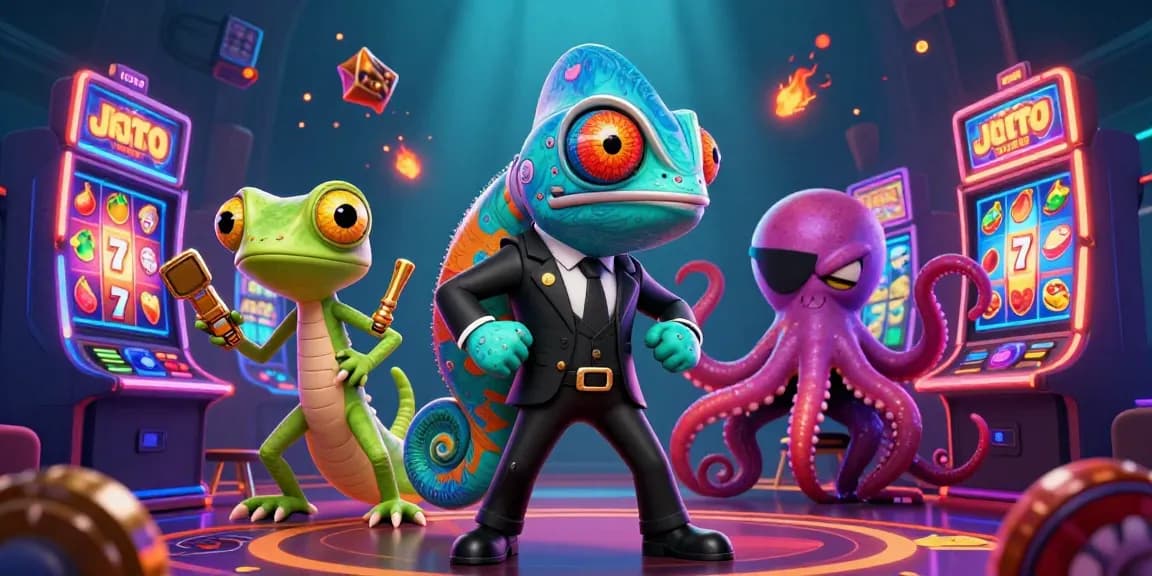 Engage with the thrilling casino experience featuring toto with vibrant slot machines and colorful characters.