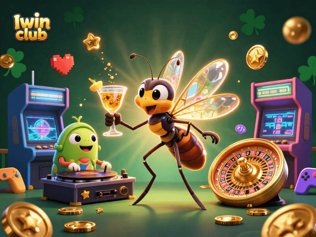 Iwin club's vibrant gaming scene features a frozen mosquito mascot and a trilobite DJ.