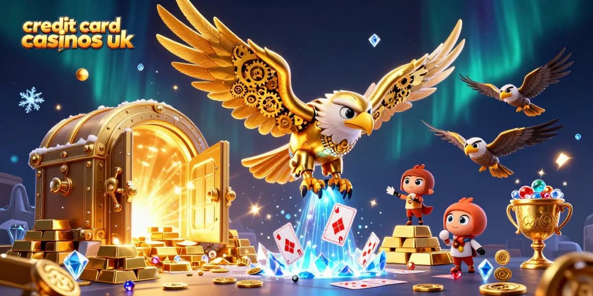 Experience the thrill of credit card casinos UK with a cybernetic eagle soaring through shimmering playing cards.