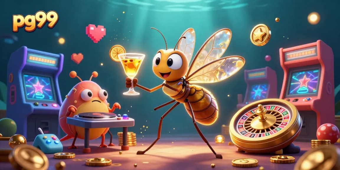 pg99 showcases an energetic scene with a mosquito mascot enjoying a golden cocktail in a lively casino setting.