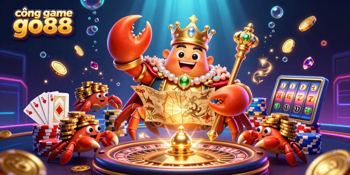 Join the excitement at cổng game go88, with the golden crab emperor and treasures abound in this vibrant casino scene!