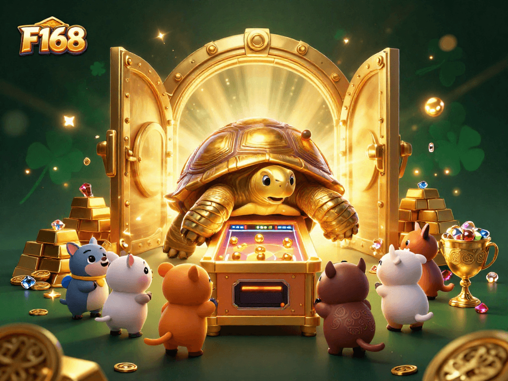 Experience the thrill of F168 with a vibrant 3D casino scene filled with golden treasures and interactive characters.