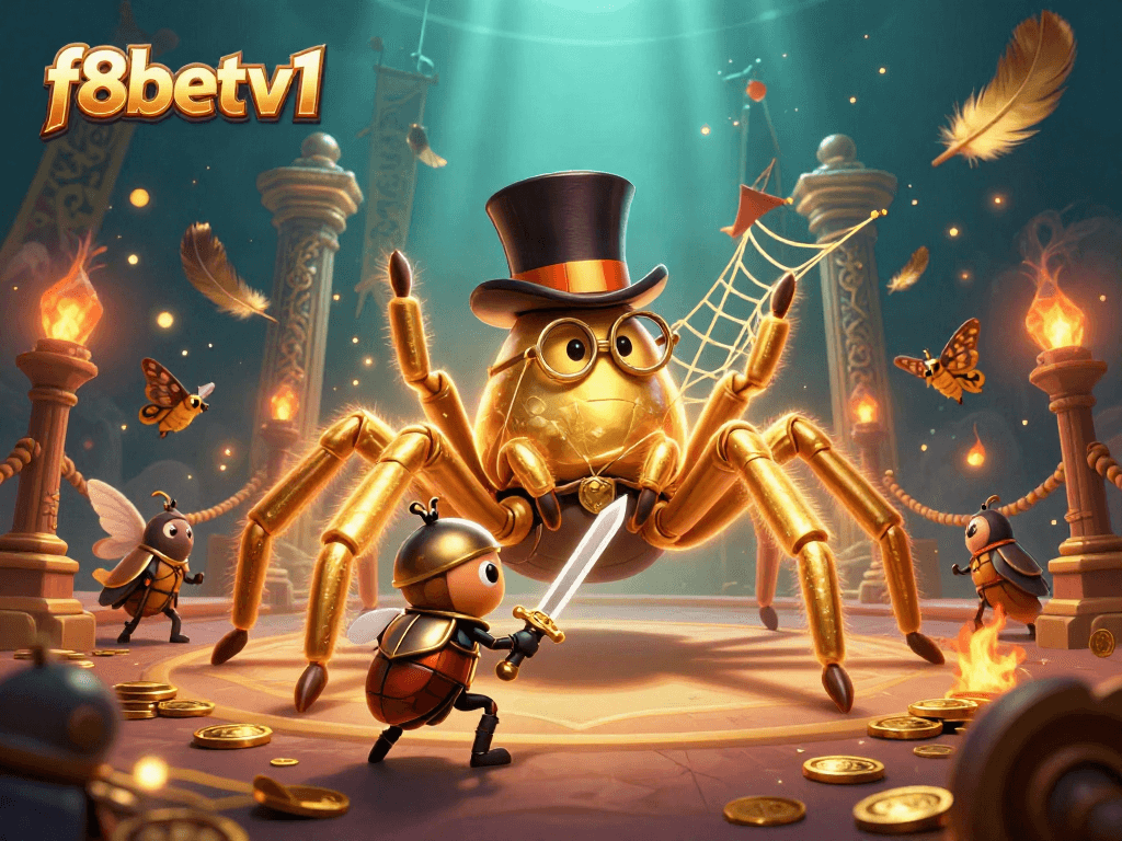 Experience thrilling gameplay at f8betv1 with a giant golden tarantula and beetle knight in an exciting 3D casino scene.