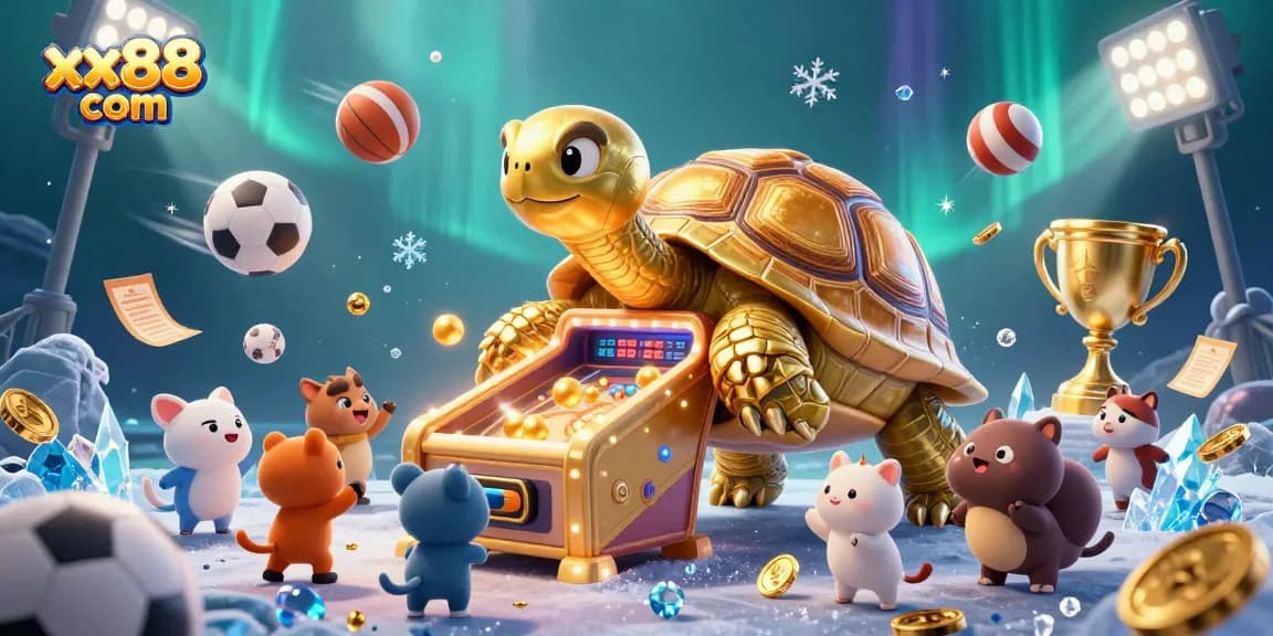 Experience thrilling gameplay at xx88 com with our dynamic, colorful casino illustration featuring a golden tortoise and excited players.