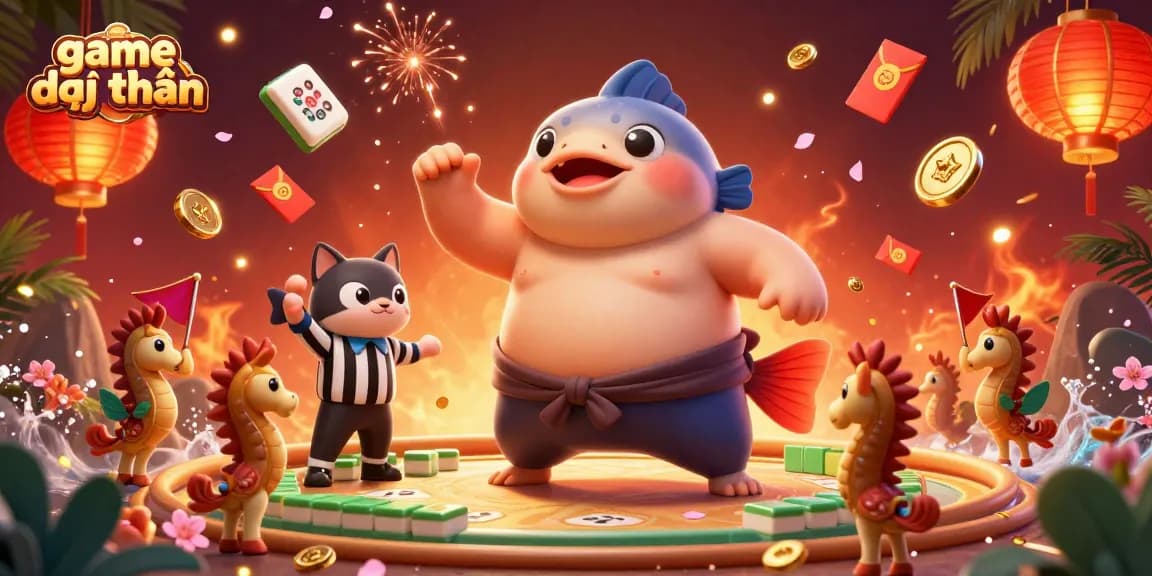 Engage in game đổi thưởng with a vibrant underwater scene featuring a fugu, catfish referee, and seahorse spectators.