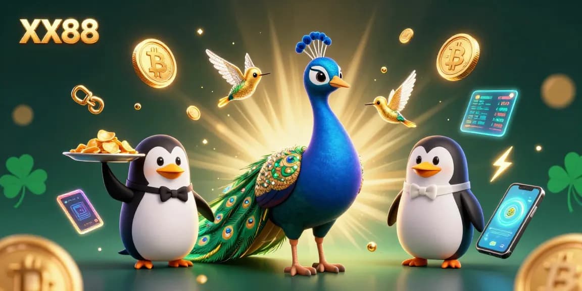 Experience thrilling gaming with XX88 as an elegant peacock and butler prepare to win with casino chips and crypto coins.