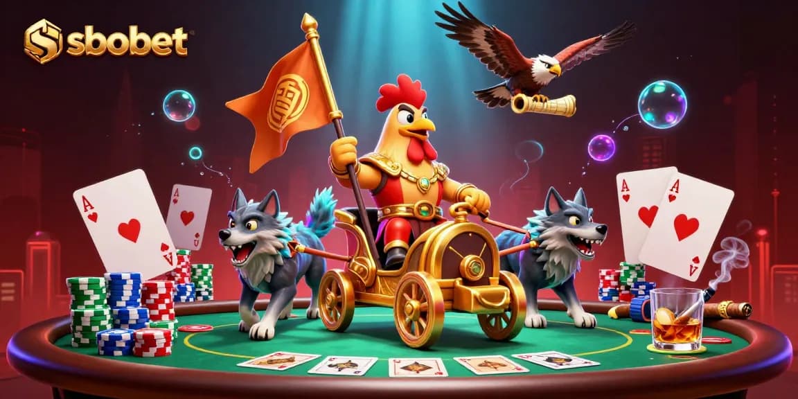 Experience sbobet action with a rooster warlord amidst poker glory and vibrant casino elements.