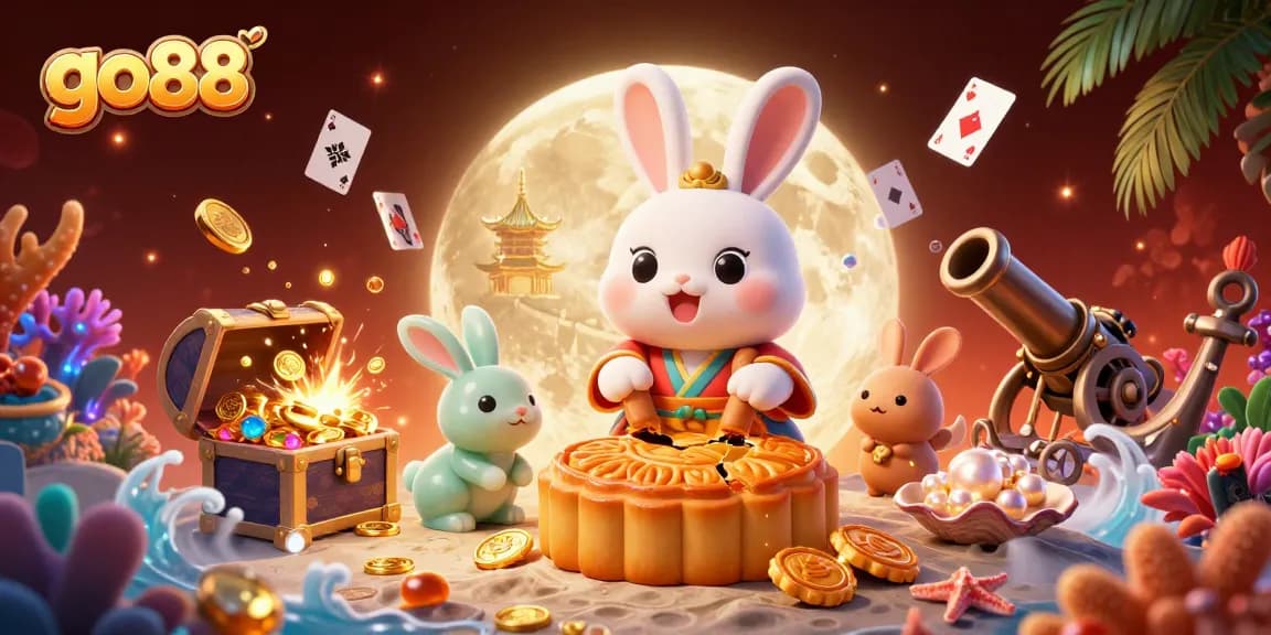 Experience the excitement of go88 as you watch the moon rabbit unveil poker chips amidst a vibrant casino scene.