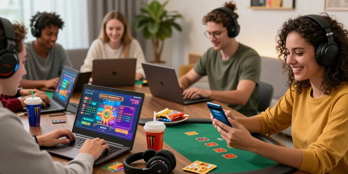Excited players enjoying the experience at credit card casinos, with various gaming devices and cozy environment.