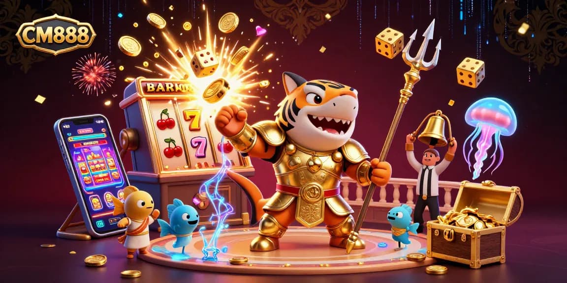 Spin jackpots with CM888 in a dynamic underwater casino scene featuring a trident-wielding shark.