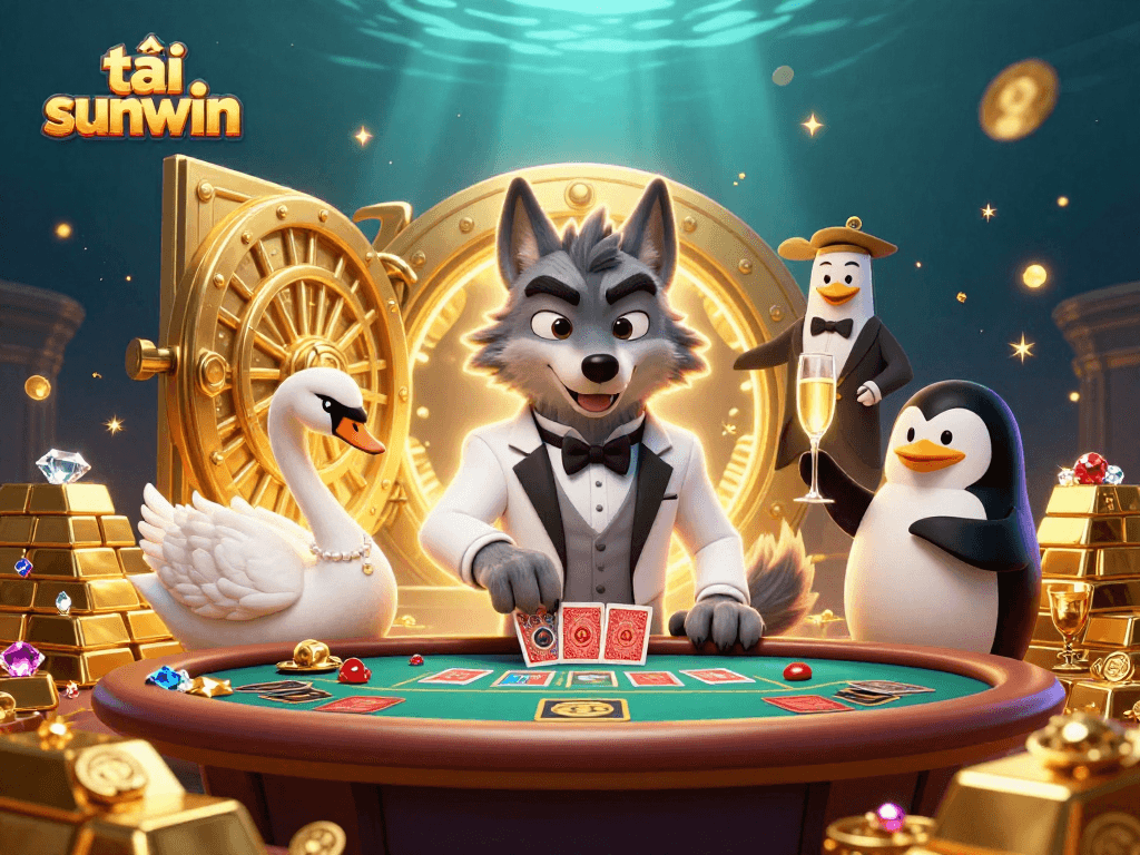Engage with the vibrant world of tải sunwin at a lively casino scene featuring cartoon characters and treasure.