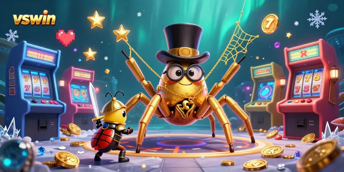 Play the slots at vswin with a whimsical scene featuring a golden tarantula and knight amid casino treasures.