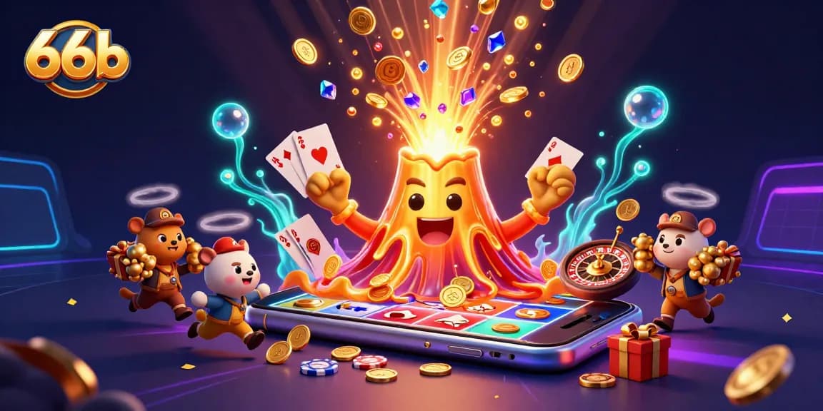 66b features a golden volcano erupting coins and gems, symbolizing exciting online casino wins.