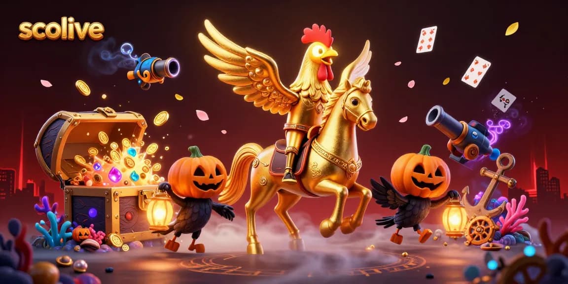 Socolive showcases a golden rooster navigating a midnight casino, surrounded by vibrant treasures and gaming elements.
