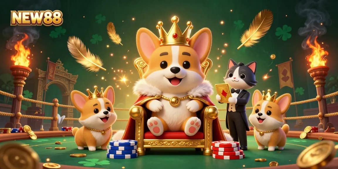 Experience the excitement of NEW88 with a vibrant casino scene featuring a royal corgi on a poker throne amidst golden treasures.