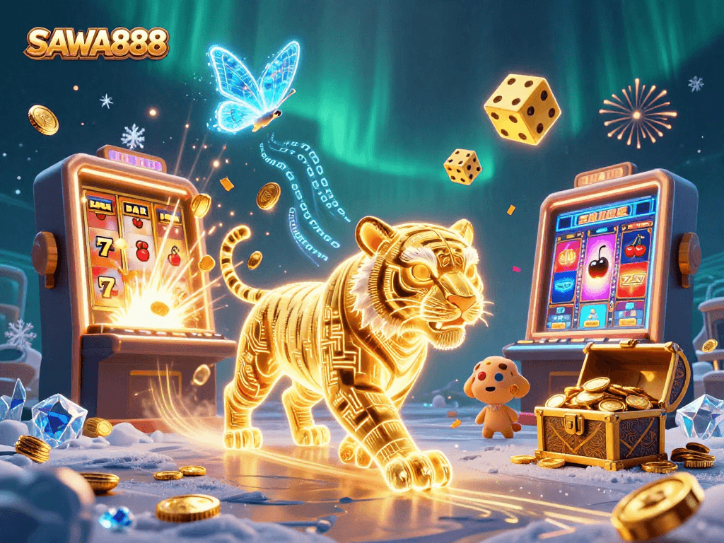 Experience thrilling gameplay at SAWA888 as the golden tiger explores a digital casino landscape packed with slots and jackpots.
