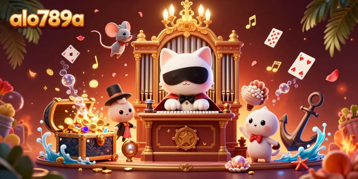 Alo789a showcases a vibrant scene featuring a white cat at a casino organ, surrounded by floating cards and treasures.