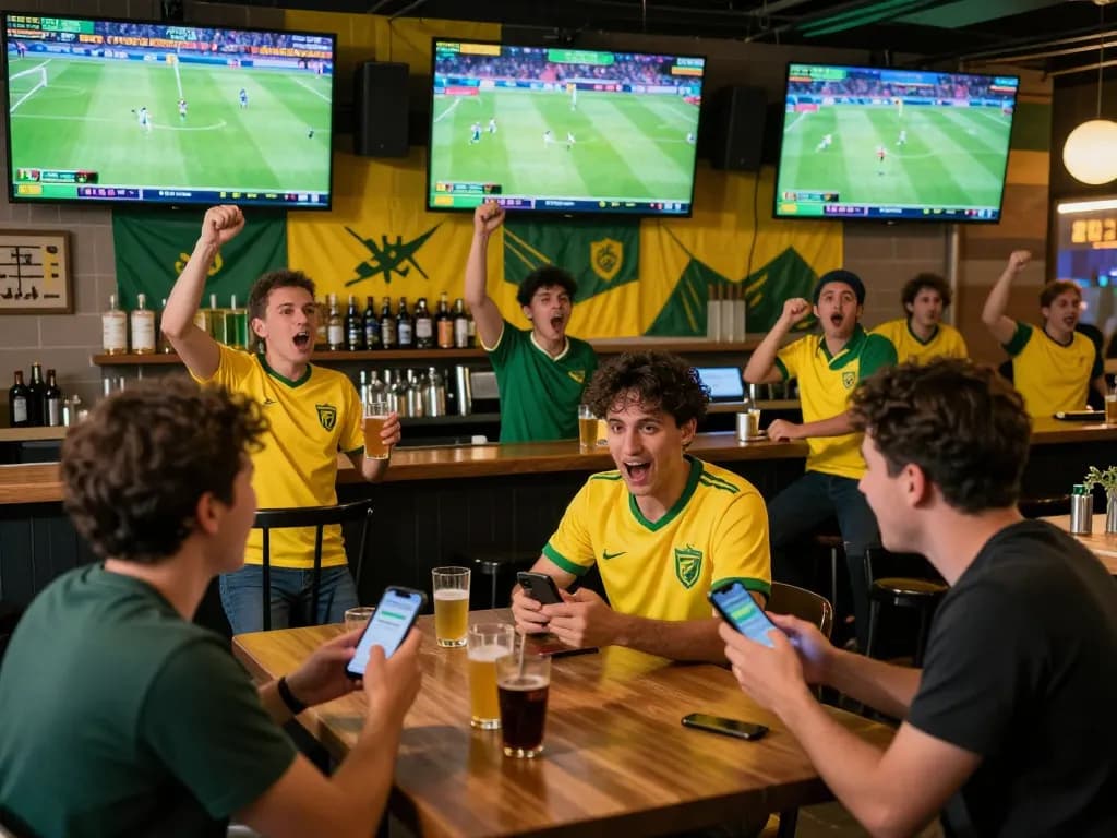 Fans eagerly checking kết quả bóng đá while engaging in live sports betting at a vibrant bar