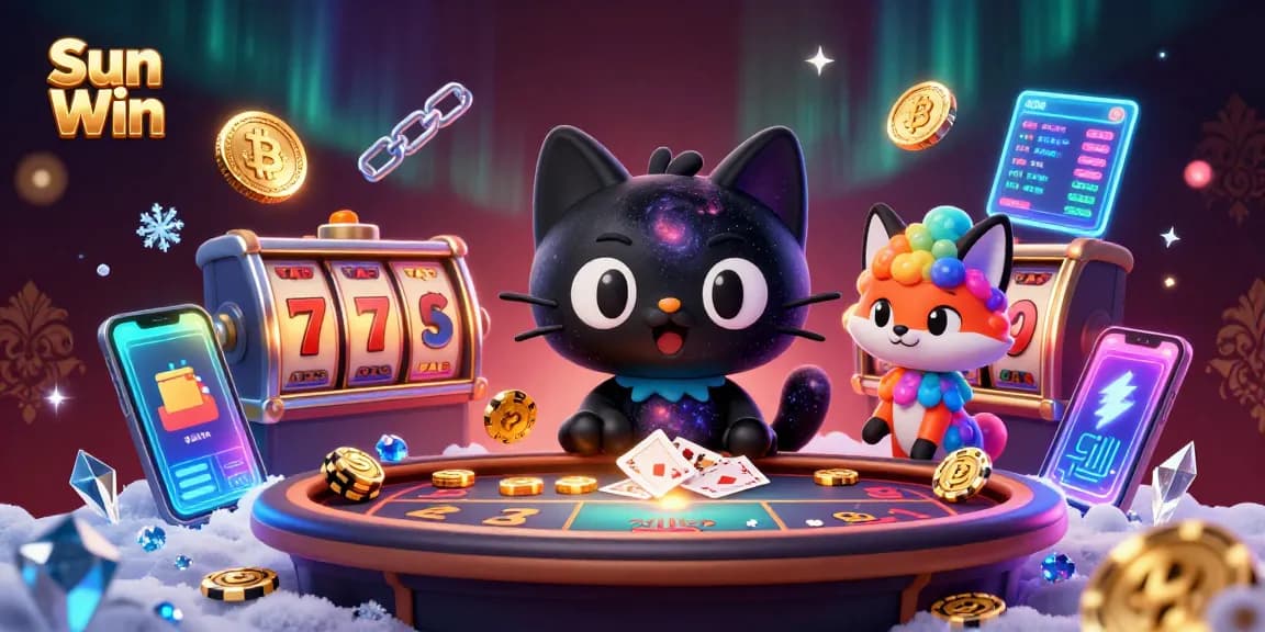 Engage in thrilling gameplay at Sun Win, with a cosmic casino scene full of neon coins and vibrant characters.