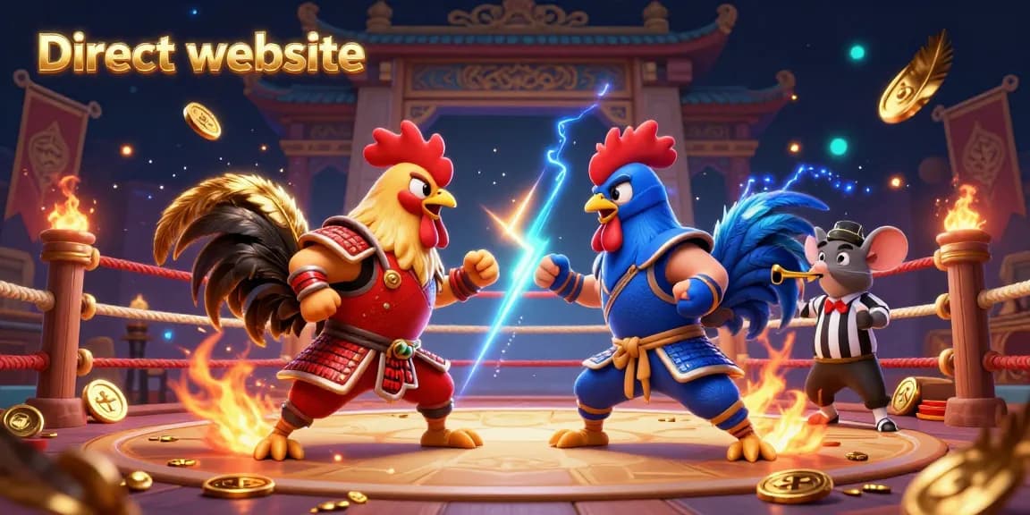 Experience thrilling battles at Direct website with fighting roosters in a vibrant gambling arena.