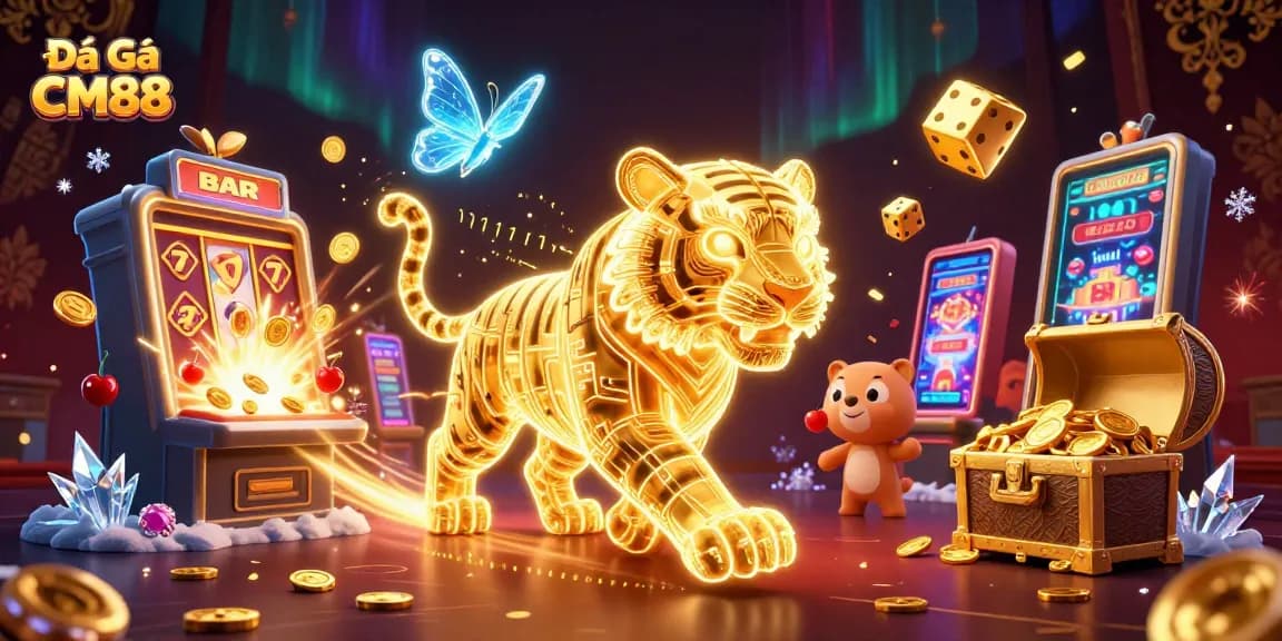 Engage in the excitement of Đá Gà CM88 with a vibrant digital casino scene filled with dynamic elements.