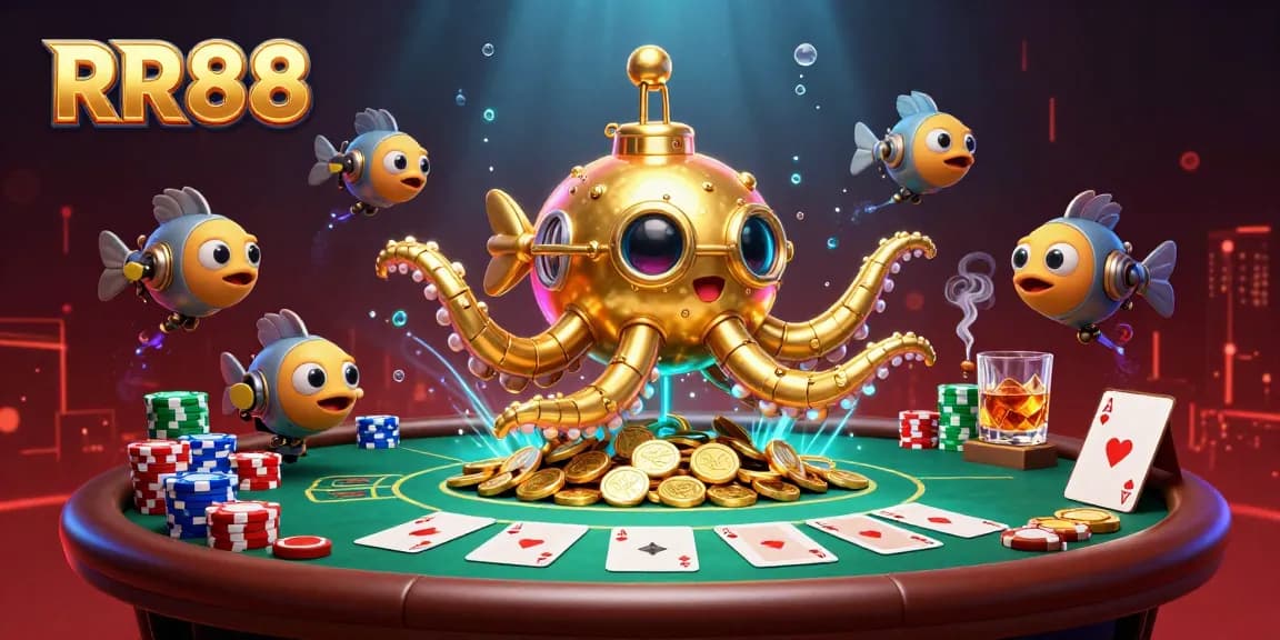 Experience excitement with RR88 in a vibrant underwater poker world filled with gold and action.