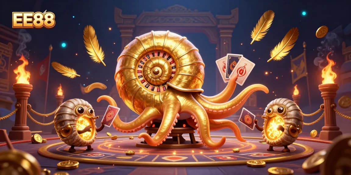 Engage in thrilling games at EE88 with a vibrant 3D illustration of casino excitement.