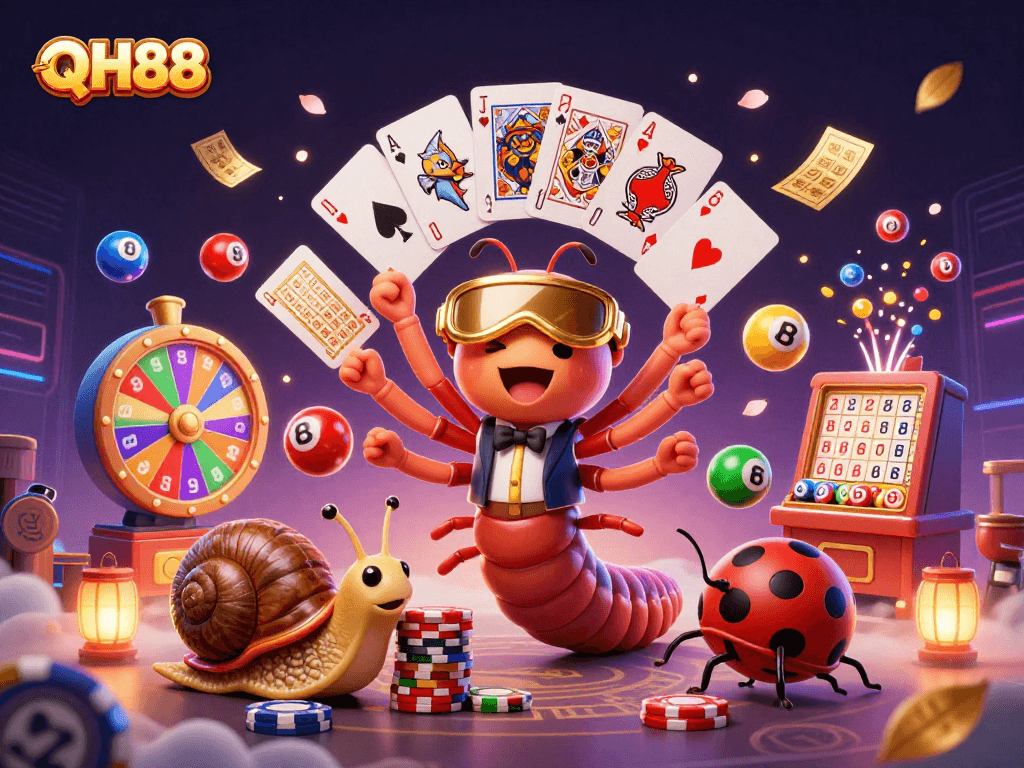 Engage with vibrant QH88 casino scene featuring a millipede dealer and a high-roller snail.