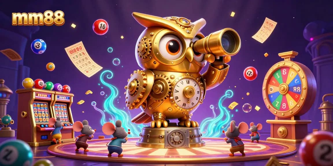 Experience thrilling wins at mm88 with a vibrant casino scene featuring a golden owl and lively lottery action.