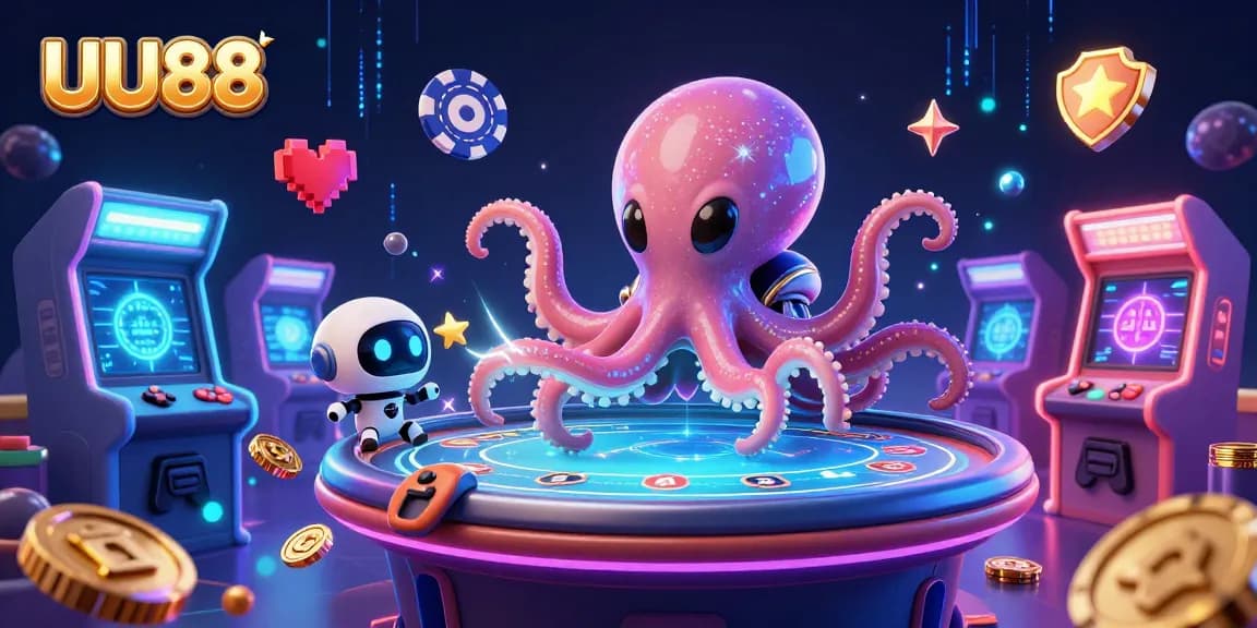 UU88's vibrant casino universe showcases an alien octopus mastering holographic poker with exciting game elements.