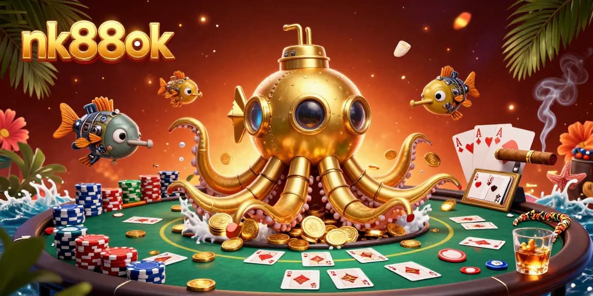 Engage in thrilling poker action with nk88ok amidst gold coins and a kraken submarine.