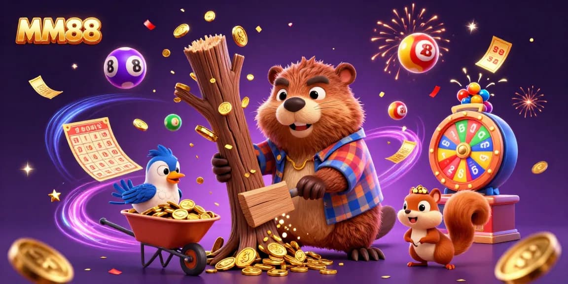 Experience excitement with MM88, where joyful characters celebrate winnings in a vibrant casino setting.